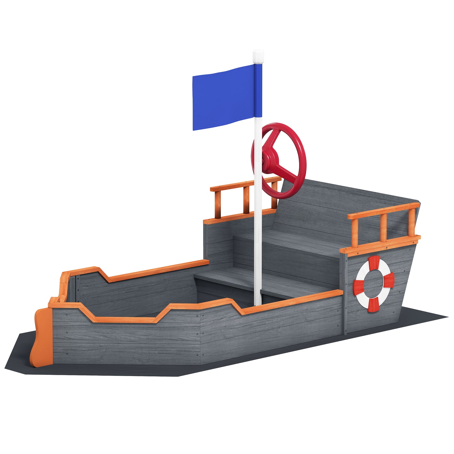 Kids Wooden Sandbox Pirate Ship Sandboat w/ Bench Seat Storage Space Ceder Wood, Gray Dark Gray 1070x510x205 mm