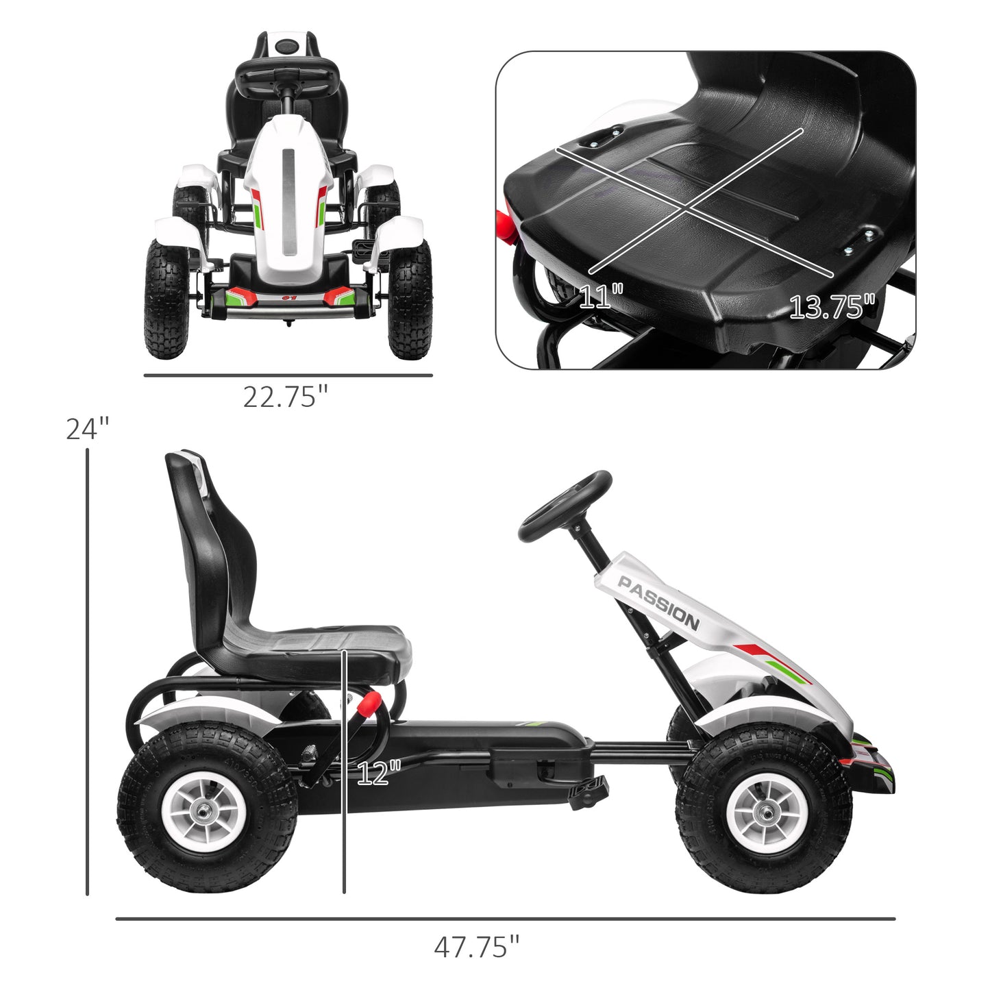 Kids Pedal Go Kart W/ Adjustable Seat, Rubber Wheels, White