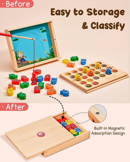 Wooden Magnetic Fishing Game,Abc Alphabet Color Sorting Puzzle, Montessori Letters Cognition Phonic Games for Toddlers Kids Learning Toy Travel Educational Preschool Gift with 2 Poles