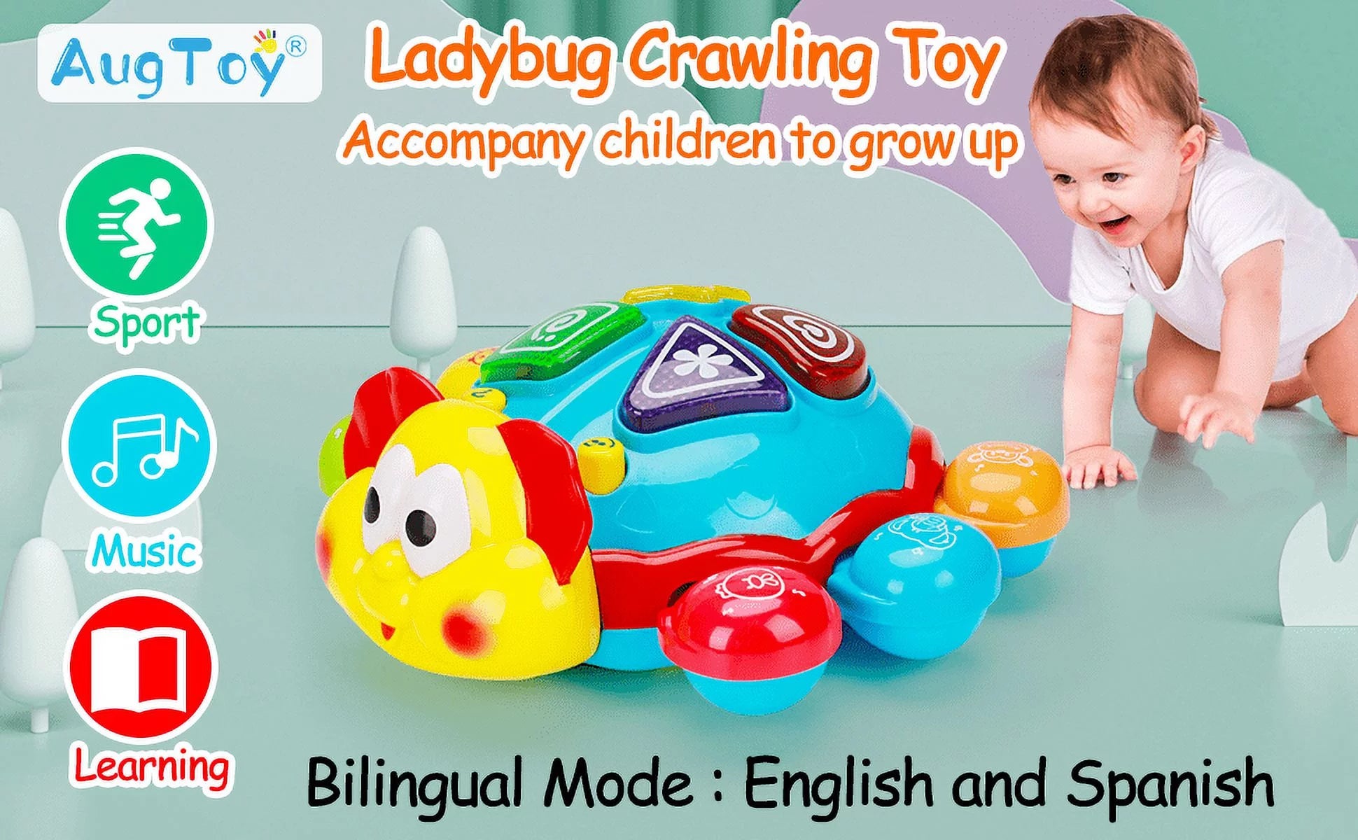 Baby Crawling Walking Musical Toy Spanish English Bilingual Learning Toys for Babies 6 to 12 12-18 Months Light up Infant Toys 3-6 7 8 9 10 Month Gift for 1 Year Old Boy Girl Ladybug Tummy Time Toys