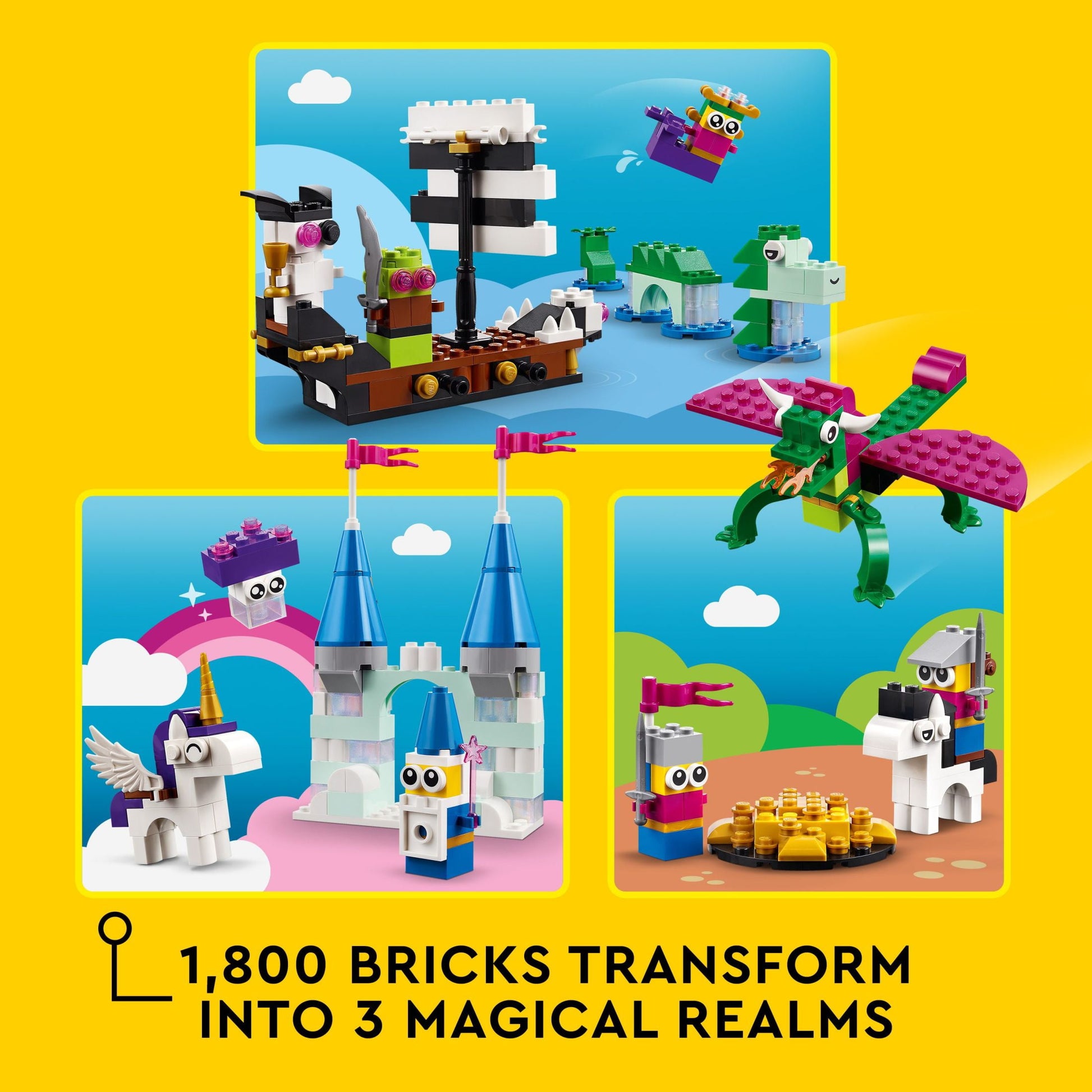 Classic Creative Fantasy Universe Set 11033, Building Adventure for Imaginative Play with Unicorn Toy, Castle, Dragon and Pirate Ship Builds, Gift Idea for Kids Ages 5 Plus