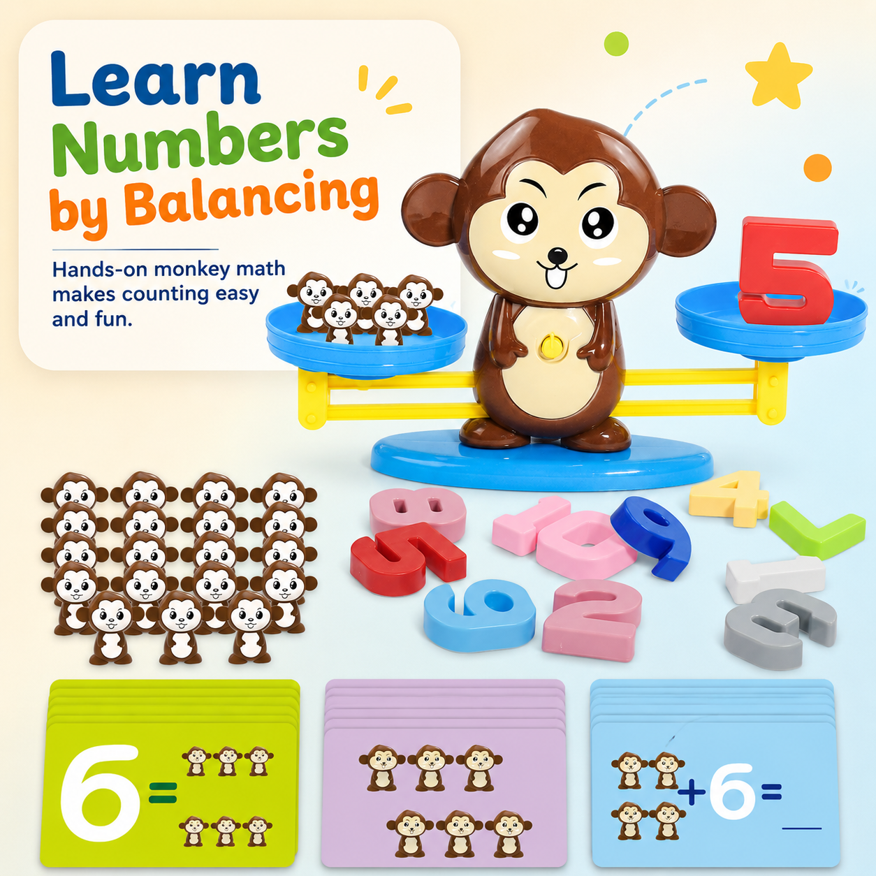 Montessori Monkey Balance Scale Math Toy for Kids — 30 Challenge Cards · 4 Difficulty Levels · Counting, Addition & Number Sense Game Ages 3–7