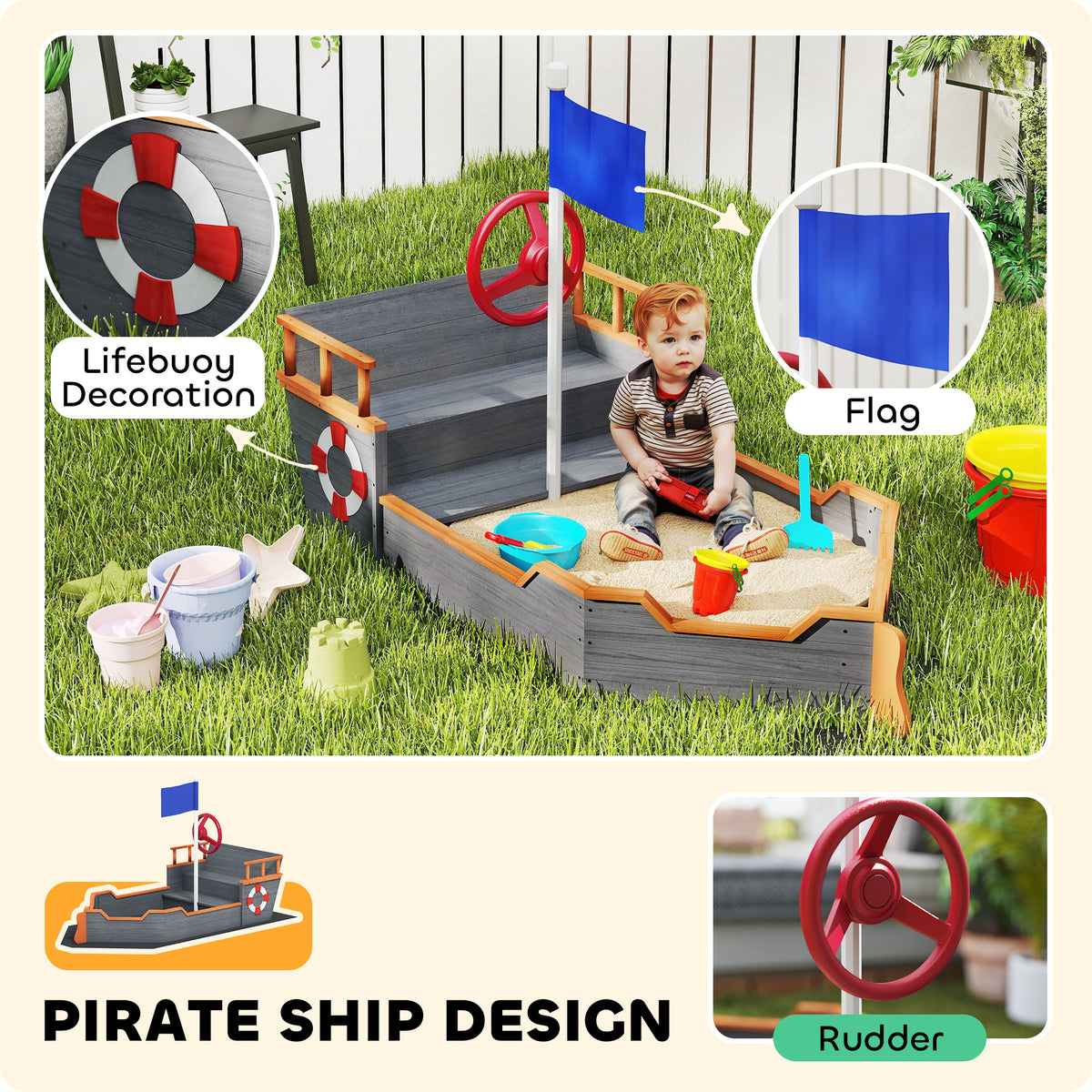 Kids Wooden Pirate Ship Sandbox