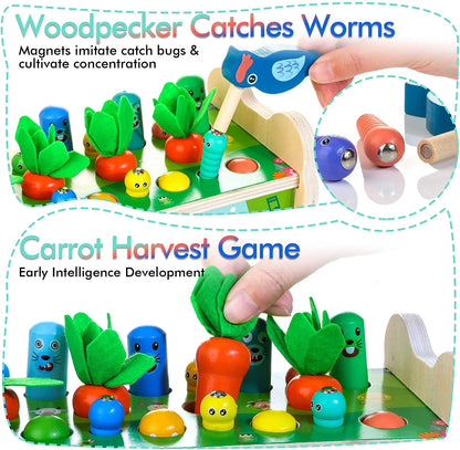 6 in 1 Wooden Montessori Toys for 1 Year Old Whack a Mole Game Hammering Pounding Toy with Xylophone Carrot Harvest Game Learning Developmental Toys Toddler Activities Gift Ages 1 2 3 4
