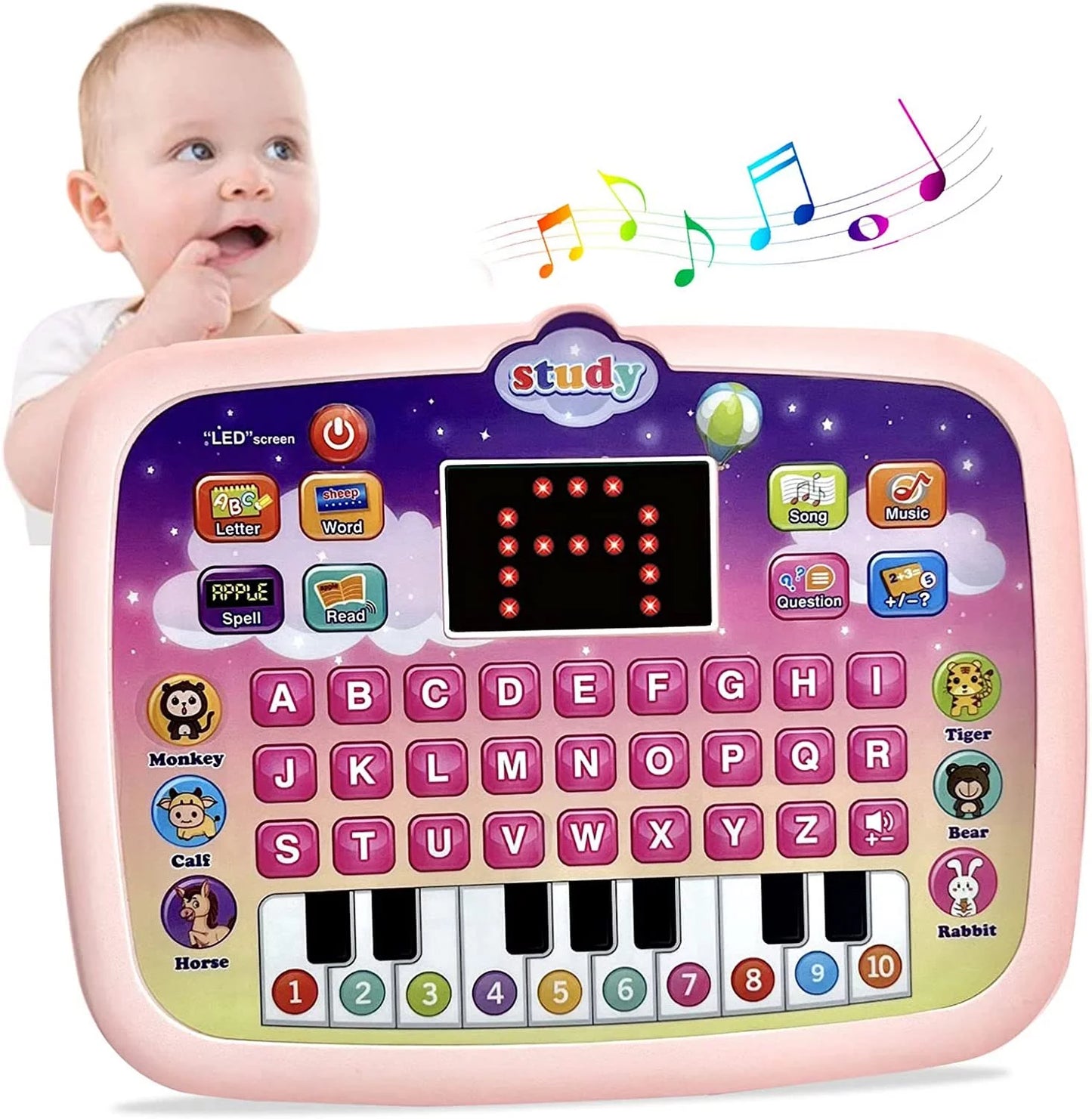 Kid Tablet Toddler Learning Pad Teach Music/Piano/Abc/Numbers, 3+ Boys&Girls Educational Toys Pink