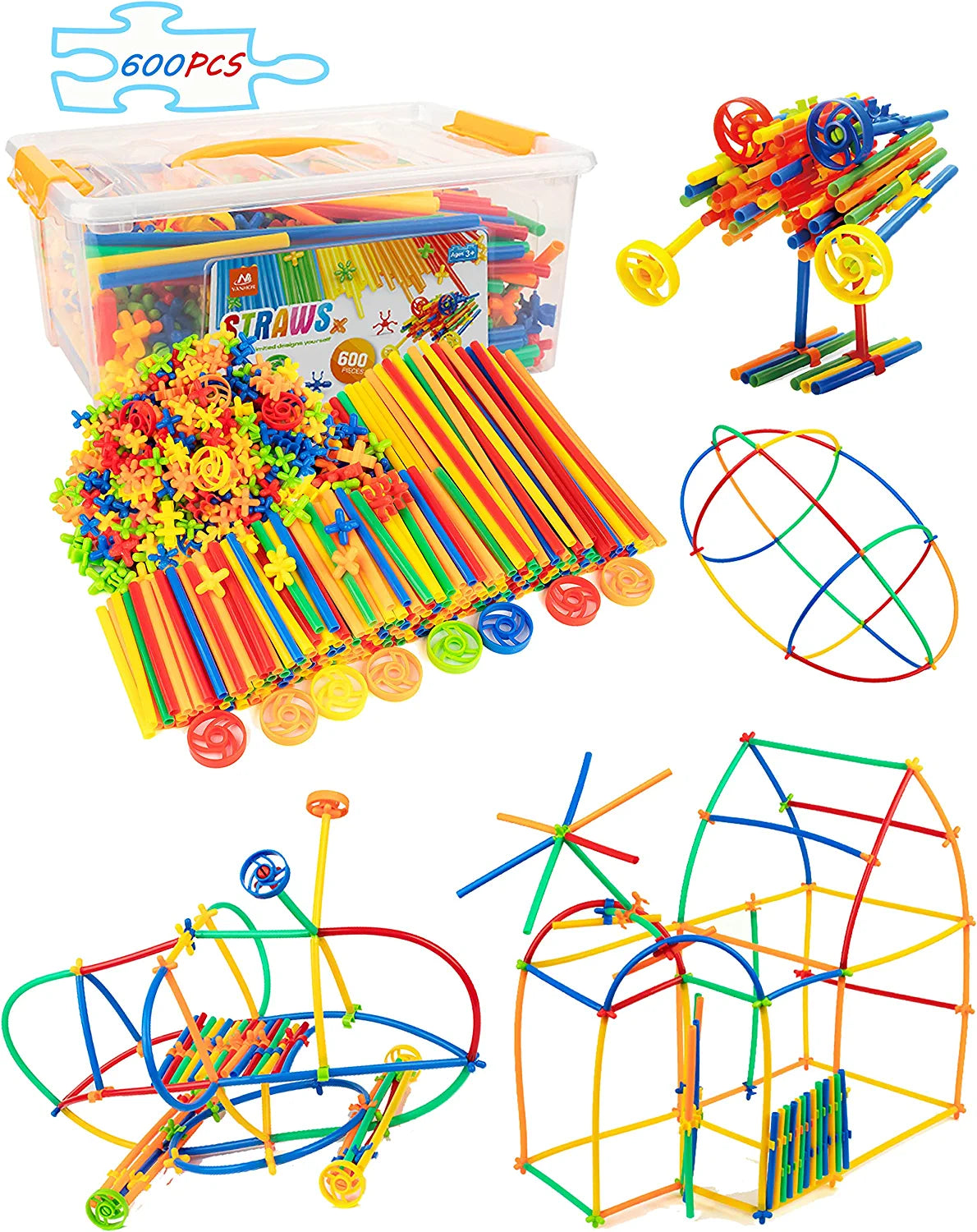 Straw Constructor STEM Building Toys 600Pcs Interlocking Toys Engineering Toys Thin Tube Blocks Connectors Toy Educational Toy Kit for Kids 3 4 5 6 7+ Years Boys and Girls