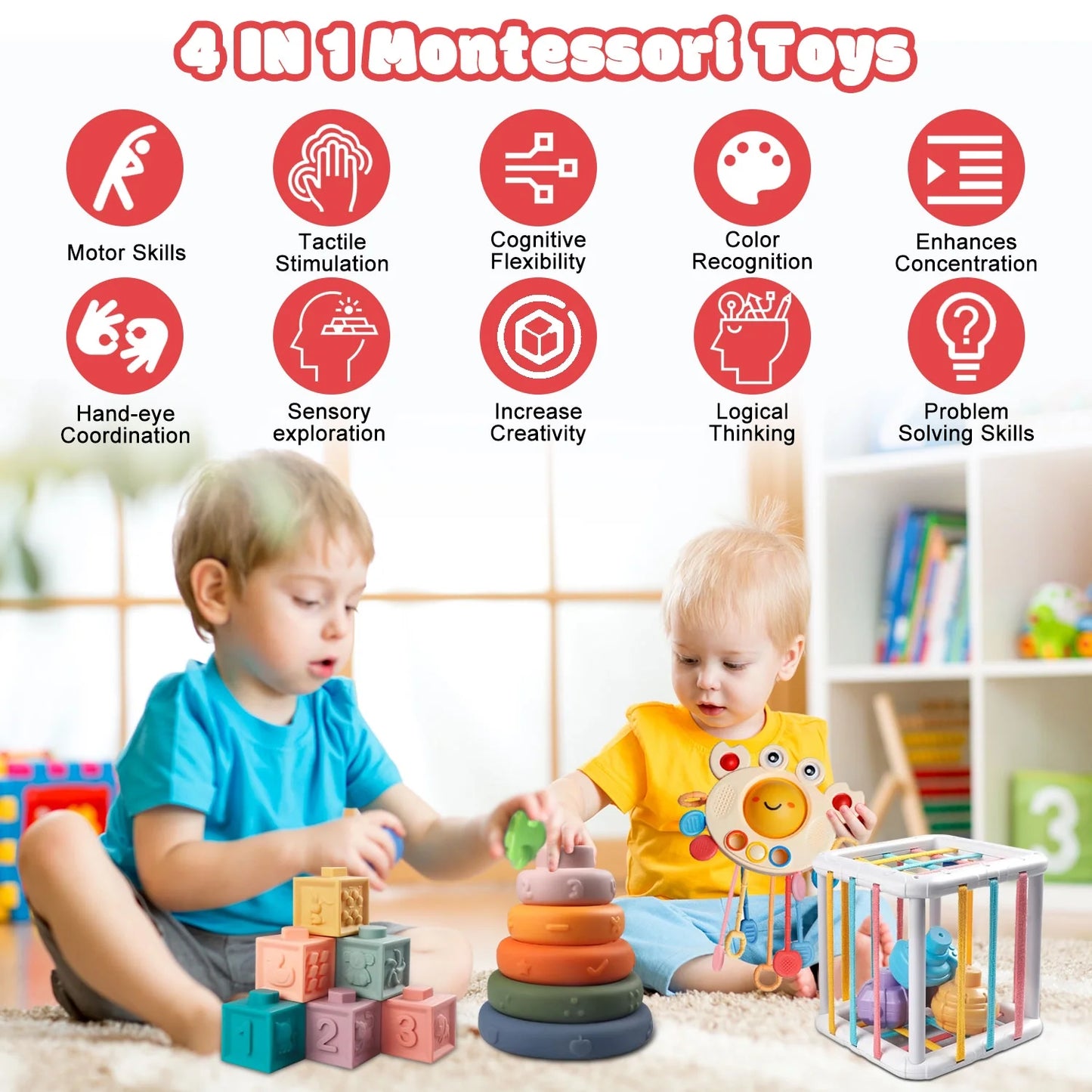 Baby Learning Toys for Ages 6-18 Months - 4In1 Toddler Toys Pull String Teether, Stacking Blocks, Sensory Shapes & Storage Bin, Montessori Toys for Babies Birthday Gift Toy Set