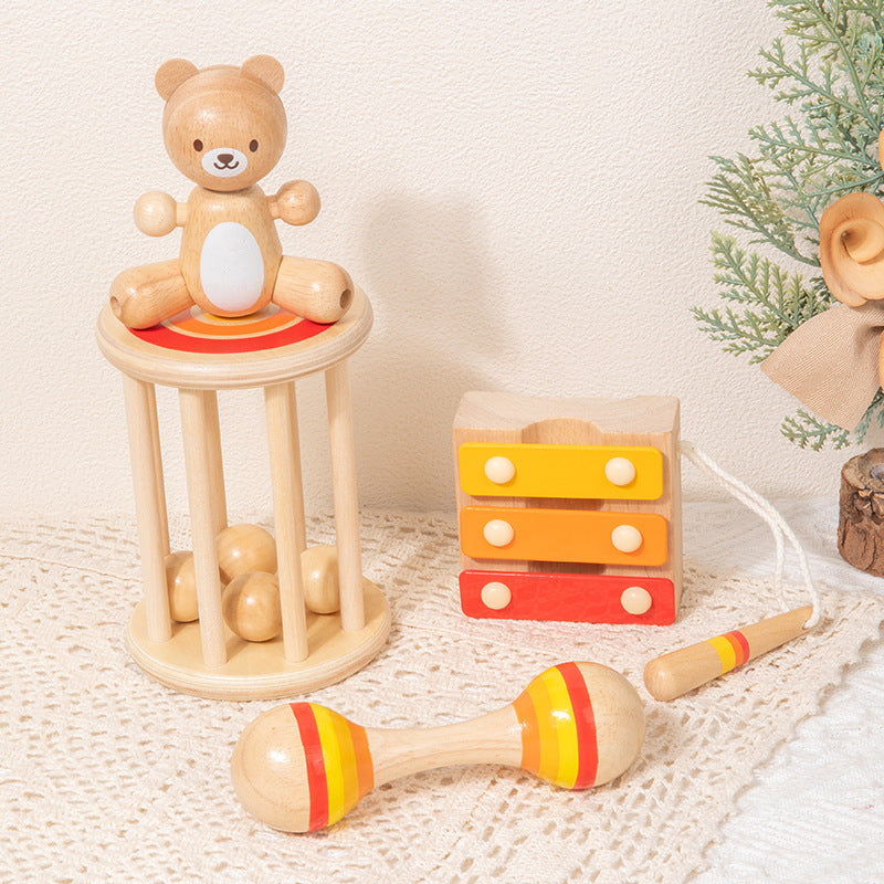 Wooden Rattle and Music Toy Set Bear soothing rattle 4-piece set