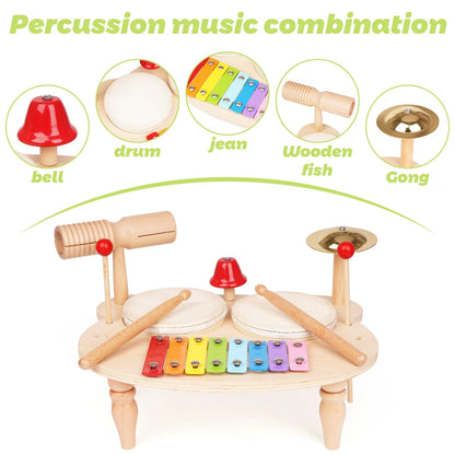 Kids Drum Set All in One Montessori Musical Instruments Set Toddler Toys Natural Wooden Music Kit Baby Sensory Toys Months Birthday Gifts for Girls Boys