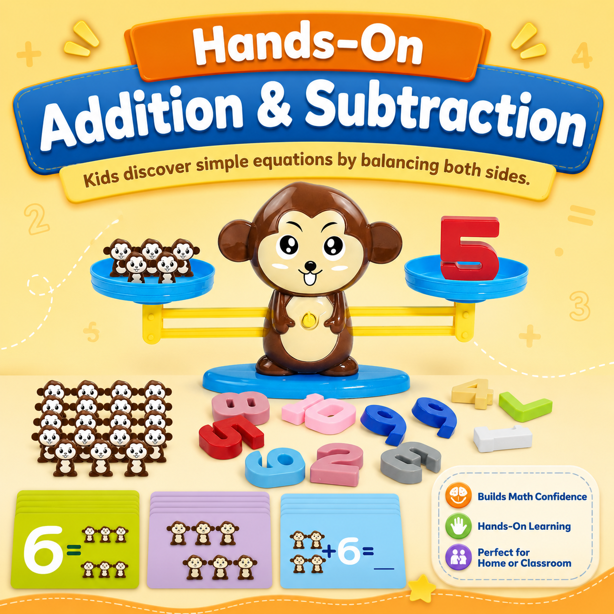 Montessori Monkey Balance Scale Math Toy for Kids — 30 Challenge Cards · 4 Difficulty Levels · Counting, Addition & Number Sense Game Ages 3–7