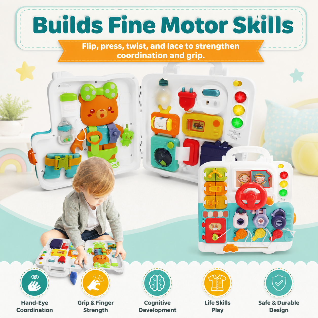 3-in-1 Montessori Busy Board Sensory Toy for Toddlers 1–3