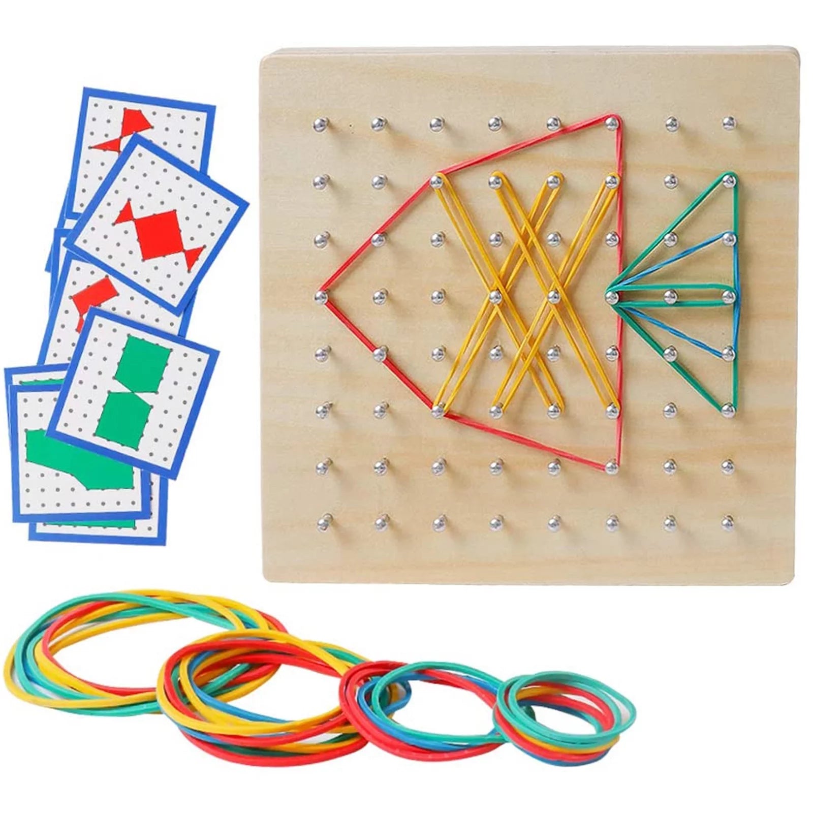 STEM Block Geo Board Graphical Educational Toys, Kids Montessori Geoboard Mathematical Manipulative Array Block with Pattern Cards and Rubber Bands Matrix 8X8 Brain Teaser Toys
