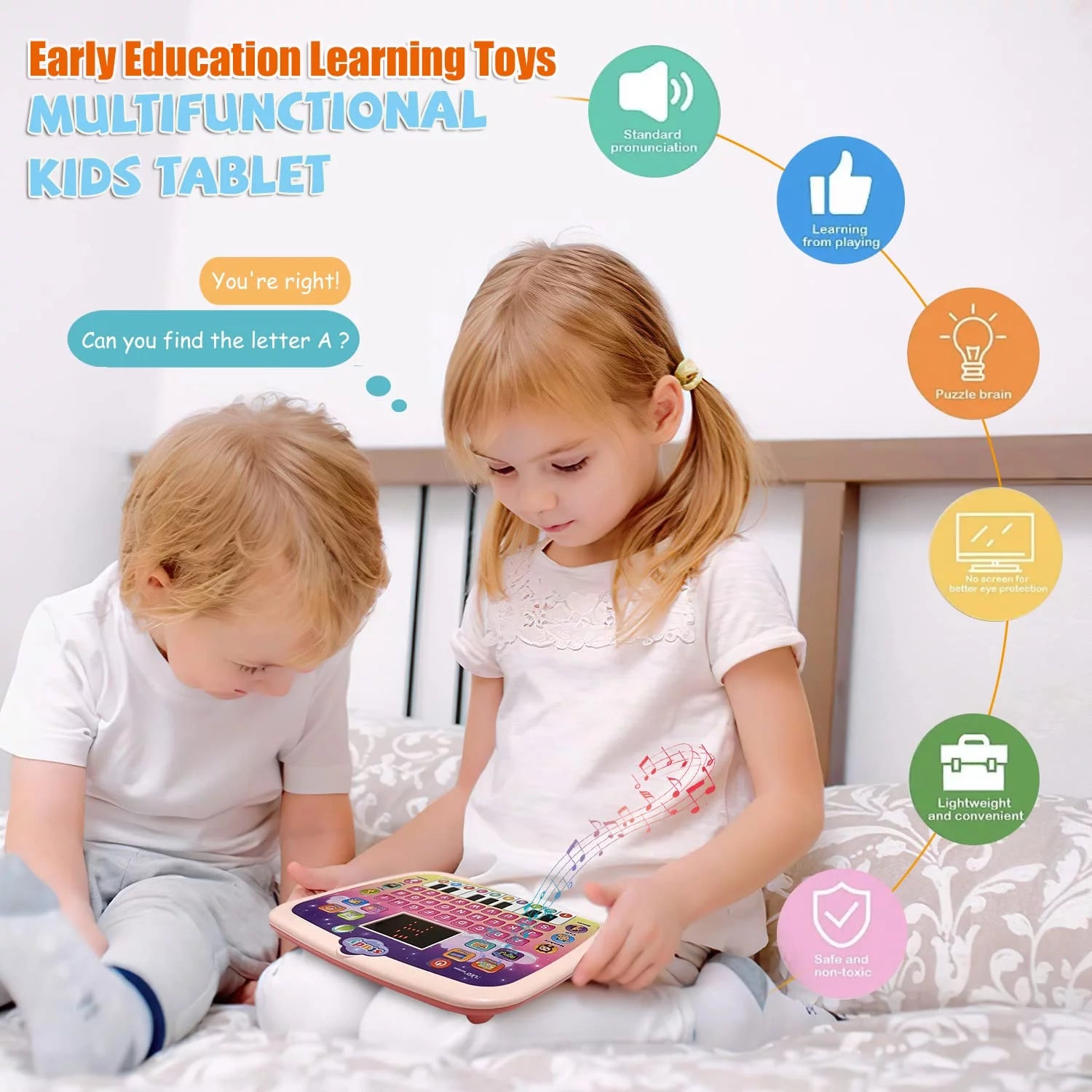 Toddler Montessori Learning Toys Boys Girls Touch Tablet Kids Electronic Interactive Toy with ABC Spelling Music Function