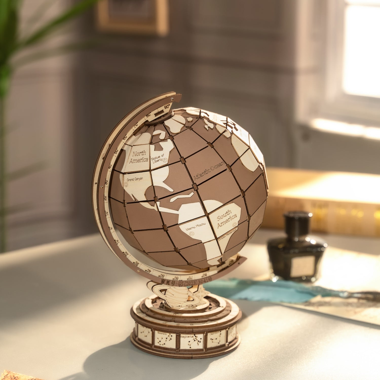 Rotating 3D Wooden Globe Puzzle with Astronomical Base – STEM Building Toy for Kids & Teens