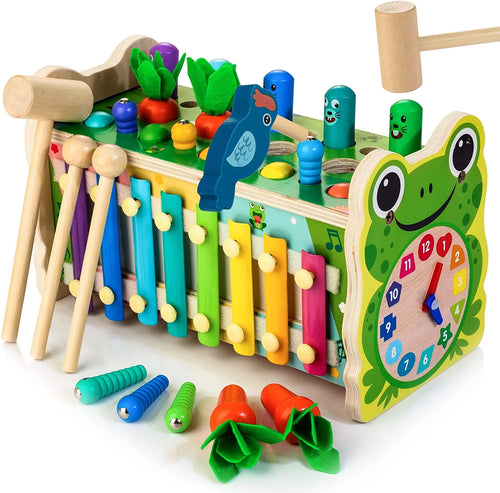 6 in 1 Wooden Montessori Toys for 1 Year Old Whack a Mole Game Hammering Pounding Toy with Xylophone Carrot Harvest Game Learning Developmental Toys Toddler Activities Gift Ages 1 2 3 4