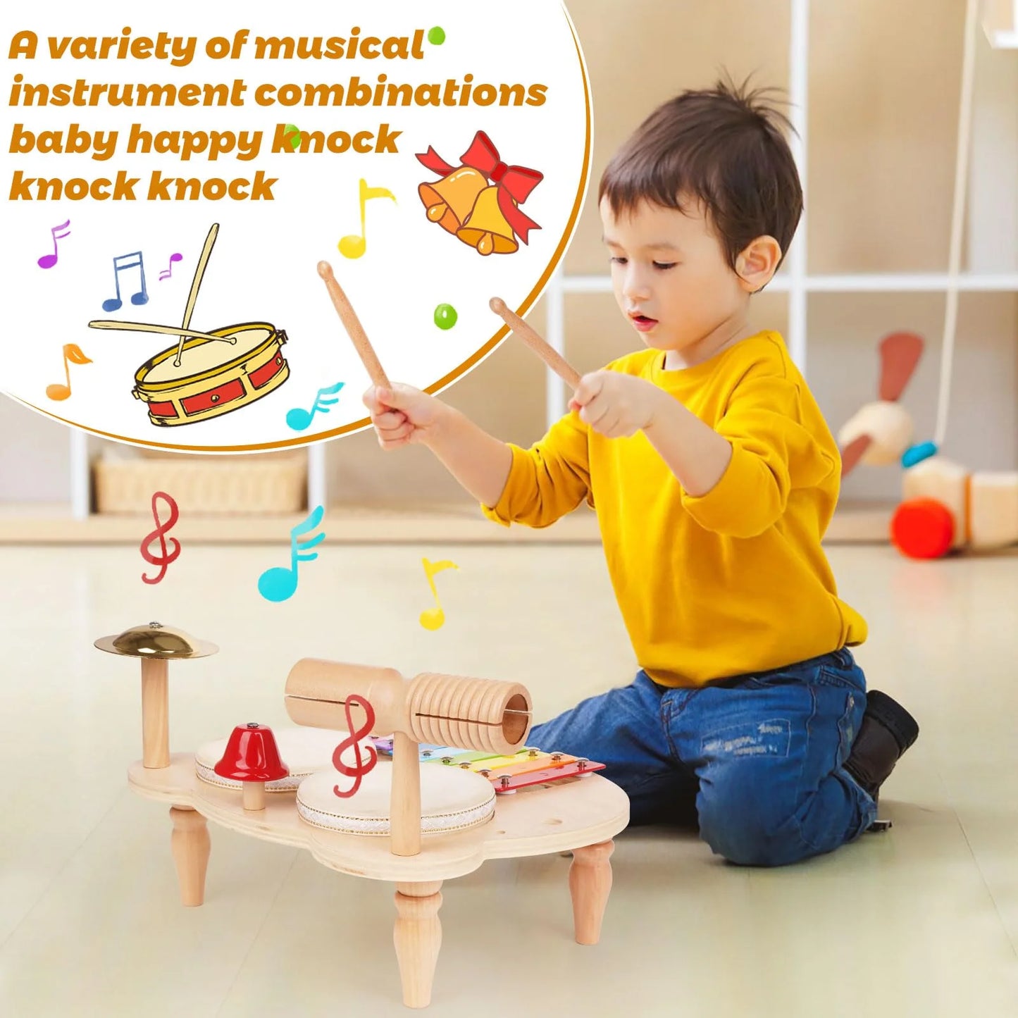 Kids Drum Set All in One Montessori Musical Instruments Set Toddler Toys Natural Wooden Music Kit Baby Sensory Toys Months Birthday Gifts for Girls Boys