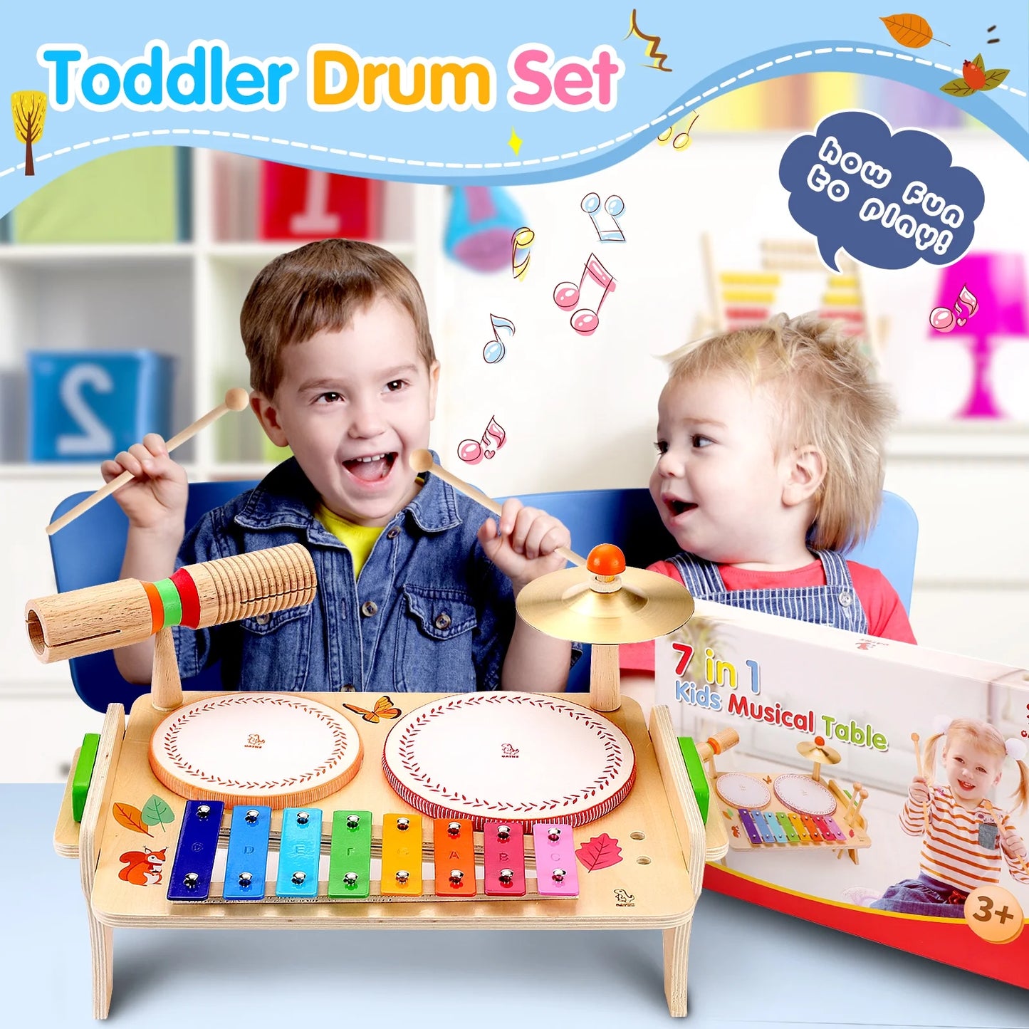 Toddler Drum Set,Xylophone Musical Instruments for Kids,Baby Drums Wooden Montessori Music Toy