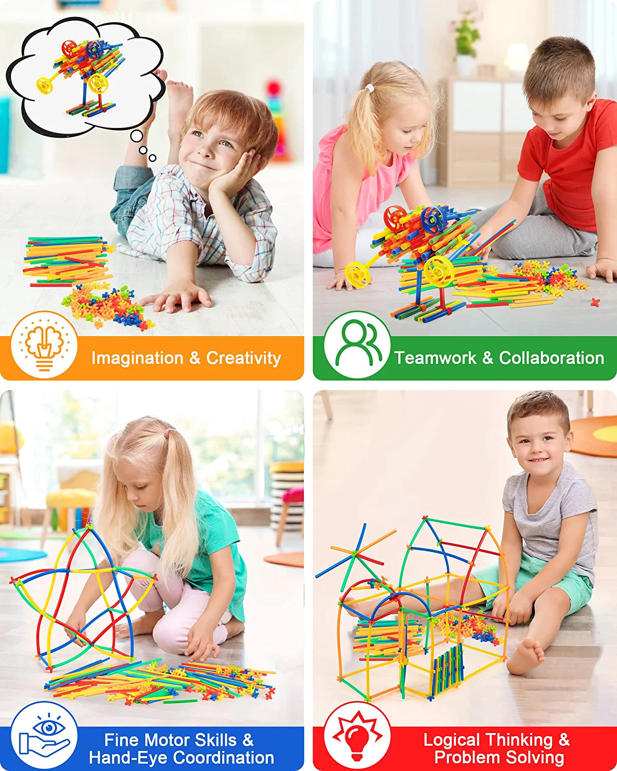 Straw Constructor STEM Building Toys 600Pcs Interlocking Toys Engineering Toys Thin Tube Blocks Connectors Toy Educational Toy Kit for Kids 3 4 5 6 7+ Years Boys and Girls