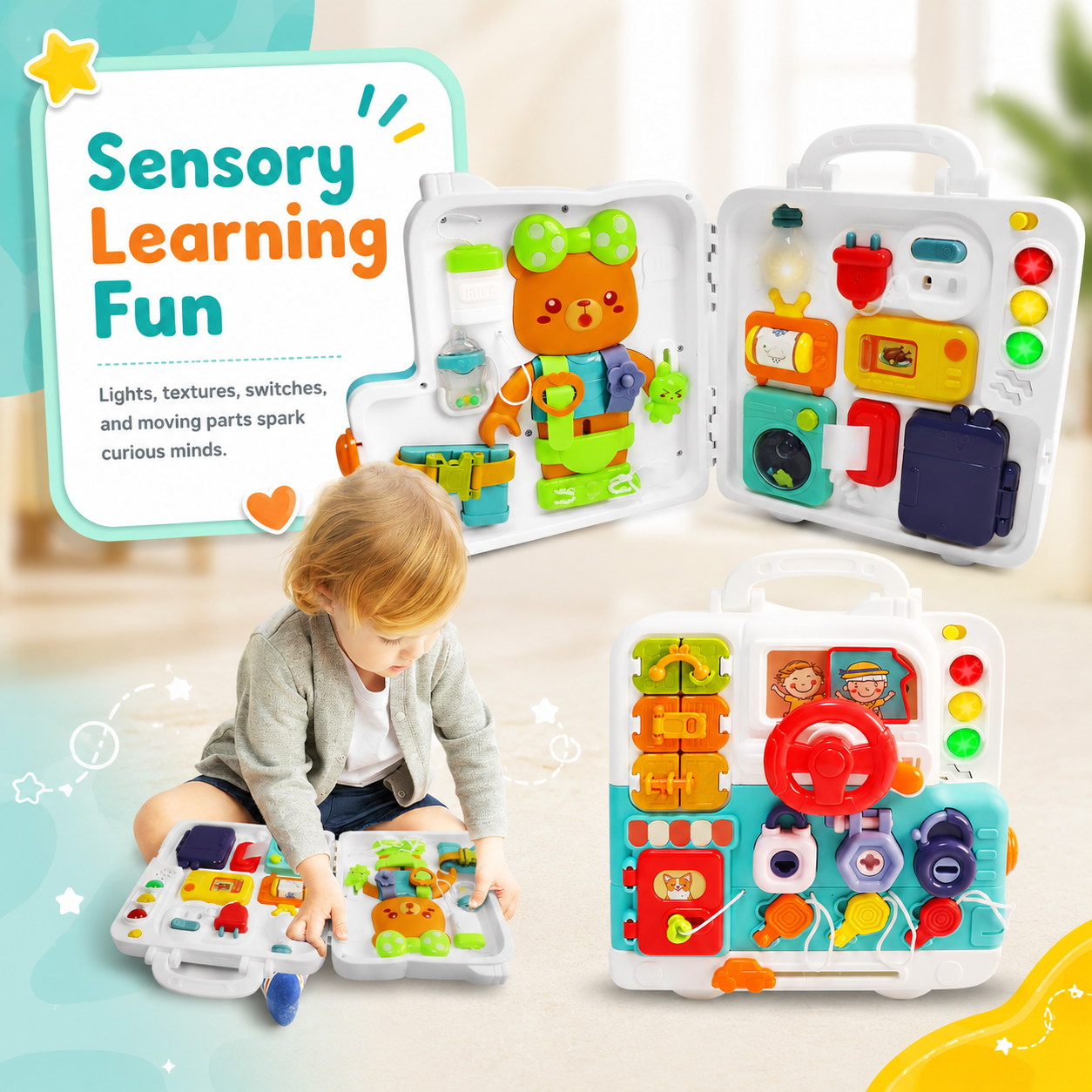 3-in-1 Montessori Busy Board Sensory Toy for Toddlers 1–3