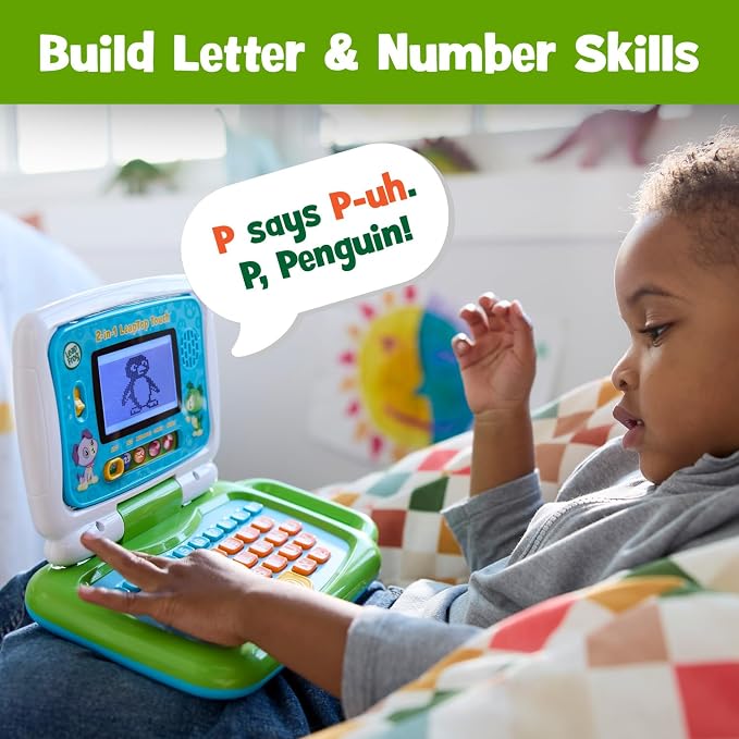 2-in-1 Learning Laptop Toy for Kids – Green Educational Toy Computer for Letters, Numbers & Pretend Play