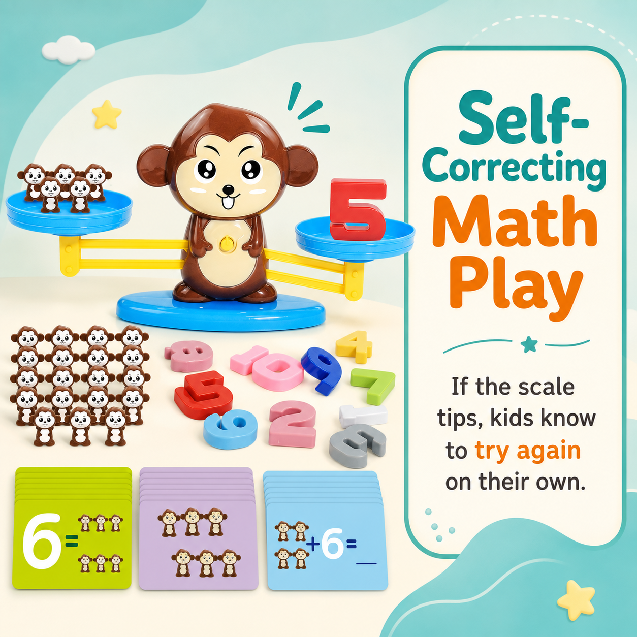 Montessori Monkey Balance Scale Math Toy for Kids — 30 Challenge Cards · 4 Difficulty Levels · Counting, Addition & Number Sense Game Ages 3–7