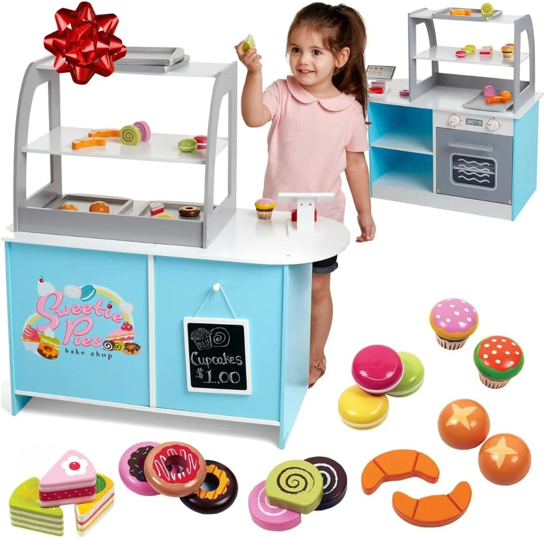 Wooden Bakery Playset Pretend Stand for Kids - 25 Piece Bake Shop Counter W Food, Chalkboard, Cash Register, Trays - Durable Construction for Creative Playtime