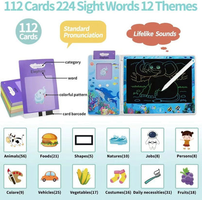 Talking Flash Cards for Toddlers 2-4 Years, 112 Flash Cards 224 Sight Words Speech Therapy Toys with LCD Writing Tablet, Talking Doodle Board Educational Learning Toys Gifts, School Supplies