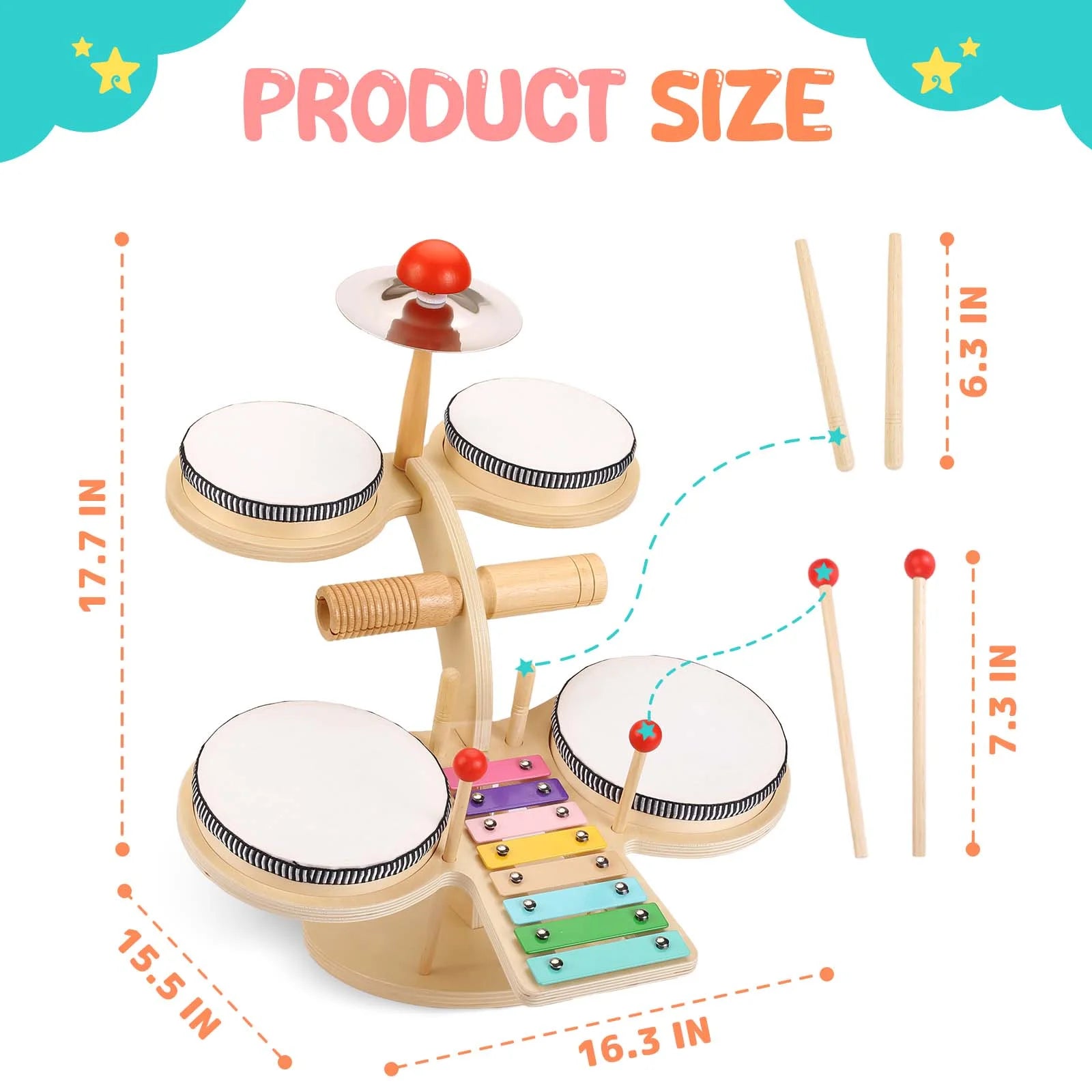 Kids Drum Set Xylophone Musical Instruments for Toddlers Wood Montessori Activity Learning Toy