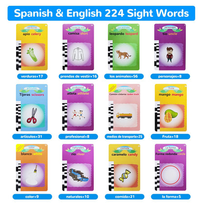Blue-Pink Color Options -- 1Pc Spanish & English Talking Flash Cards 224 Sight Words Bilingual Flash Cards Rechargeable Card Early Educational Toy For Boys Girls Aged 1 2 3 4 5 6 7 8 Years Old