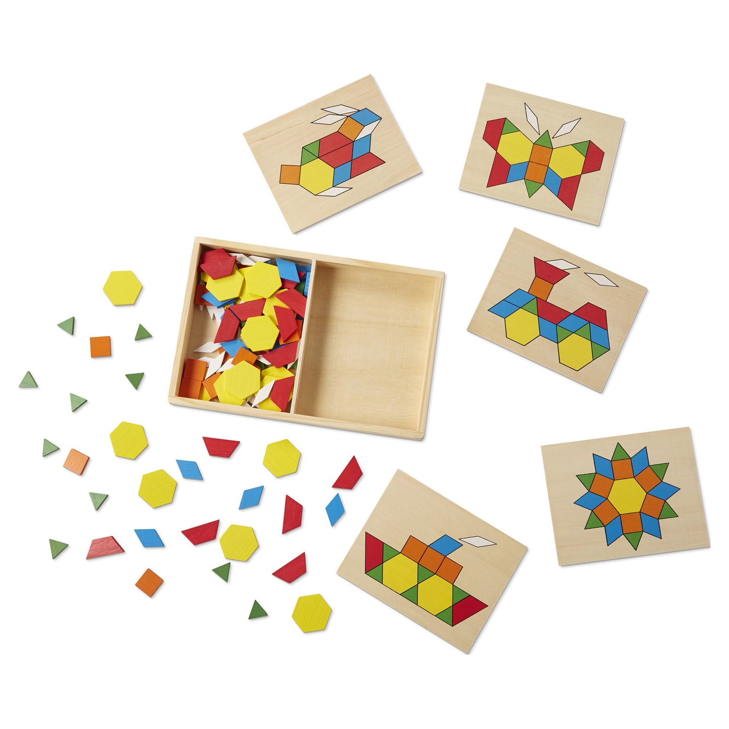 Pattern Blocks and Boards - Classic Toy with 120 Solid Wood Shapes and 5 Double-Sided Panels, Multi-Colored Animals Puzzle