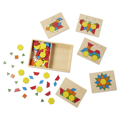 Pattern Blocks and Boards - Classic Toy with 120 Solid Wood Shapes and 5 Double-Sided Panels, Multi-Colored Animals Puzzle