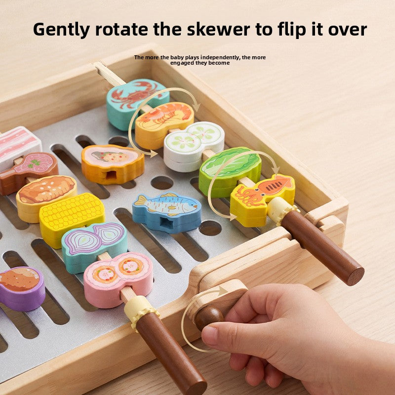 Wooden Pretend BBQ Grill & Food Skewer Play Sets for Kids