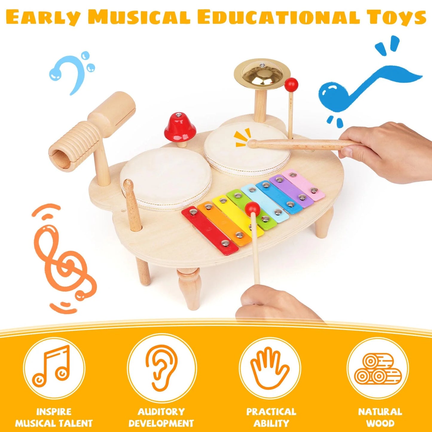 Kids Drum Set All in One Montessori Musical Instruments Set Toddler Toys Natural Wooden Music Kit Baby Sensory Toys Months Birthday Gifts for Girls Boys