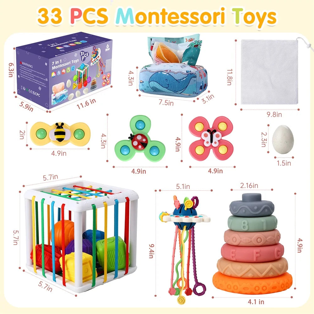 Baby Learning Toys 6-12 Months,7In1 33Pcs Montessori Toys for Babies Birthday Gift Toy Set, Sensory Bins Soft Teething Toys Pull String Stacking Blocks Matching Eggs Toddler Toy Suction Cup Spinner