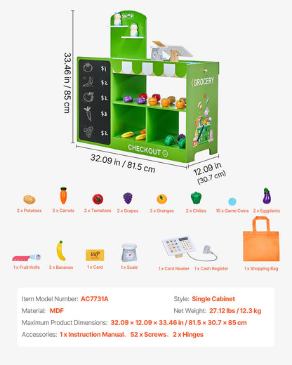 Kids Grocery Store Playset Wooden Play Market Stand With Cash Register