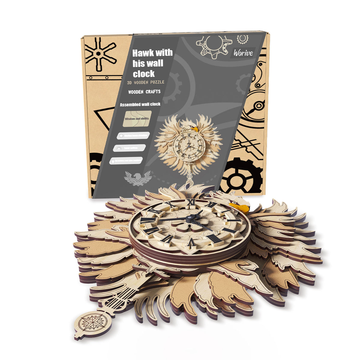 3D Wooden Hawk Mechanical Clock Puzzle Kit