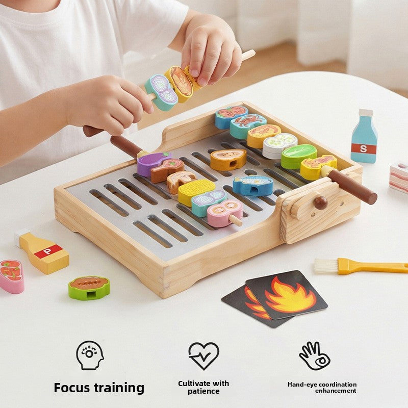 Wooden Pretend BBQ Grill & Food Skewer Play Sets for Kids