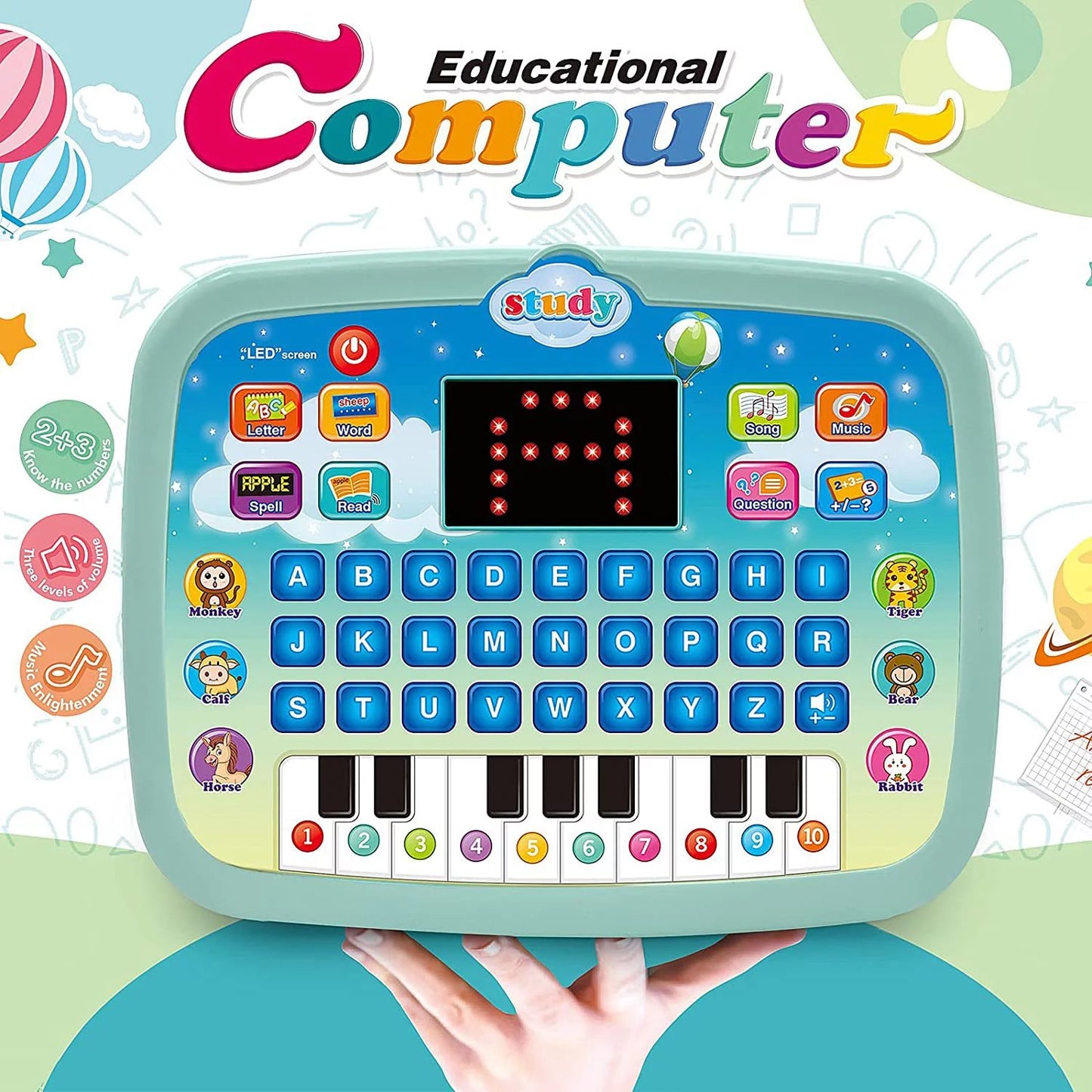 Kid Tablet Toddler Learning Pad Teach Music/Piano/Abc/Numbers, 3+ Boys&Girls Educational Toys Green