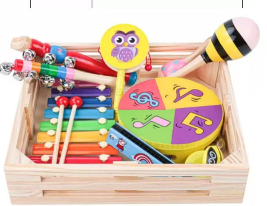 Wooden Musical Instrument Set for Infants 9-Pcs Instrument Set Wooden Box