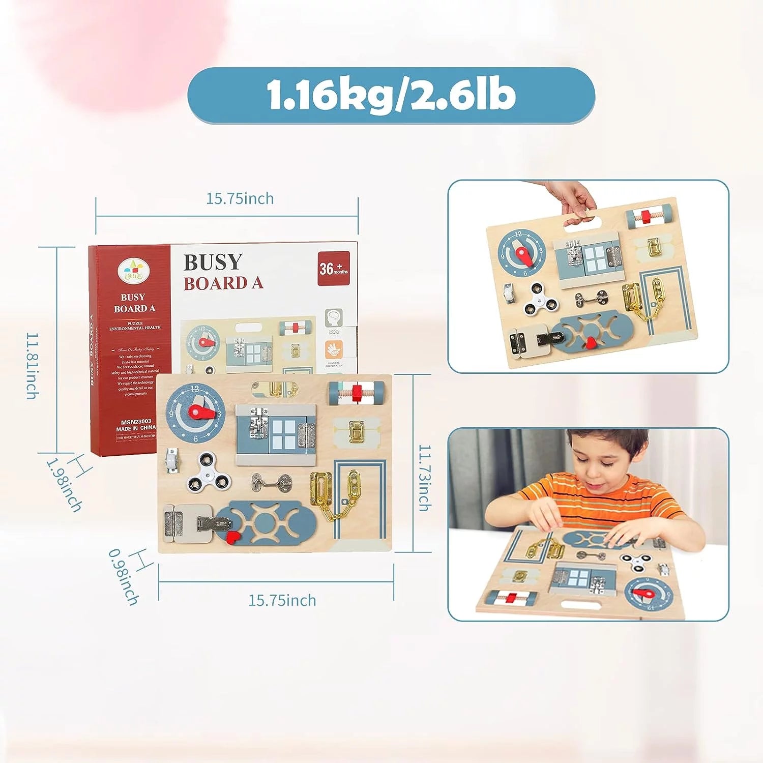 Montessori Activities Busy Board of All Kinds of Fidgets, Sensory Board for Babies and Toddlers, Life Skill Ability & Concentration
