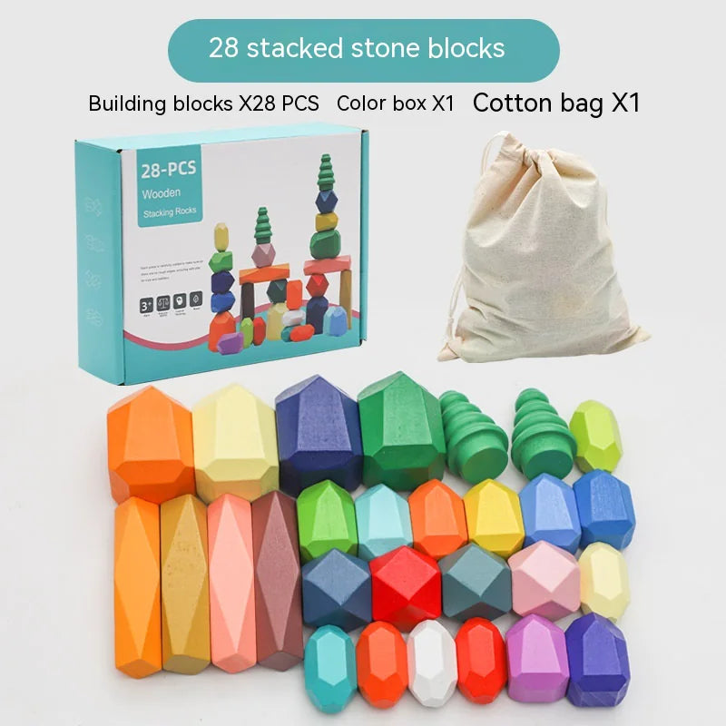 Build Beyond: Montessori Wooden Stone Blocks Rainbow Stacker Balancing Games for Kids! 🌈🪵