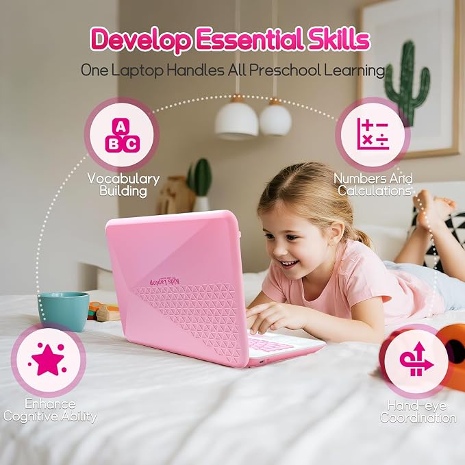 Pink Color-Screen Learning Laptop with Mouse