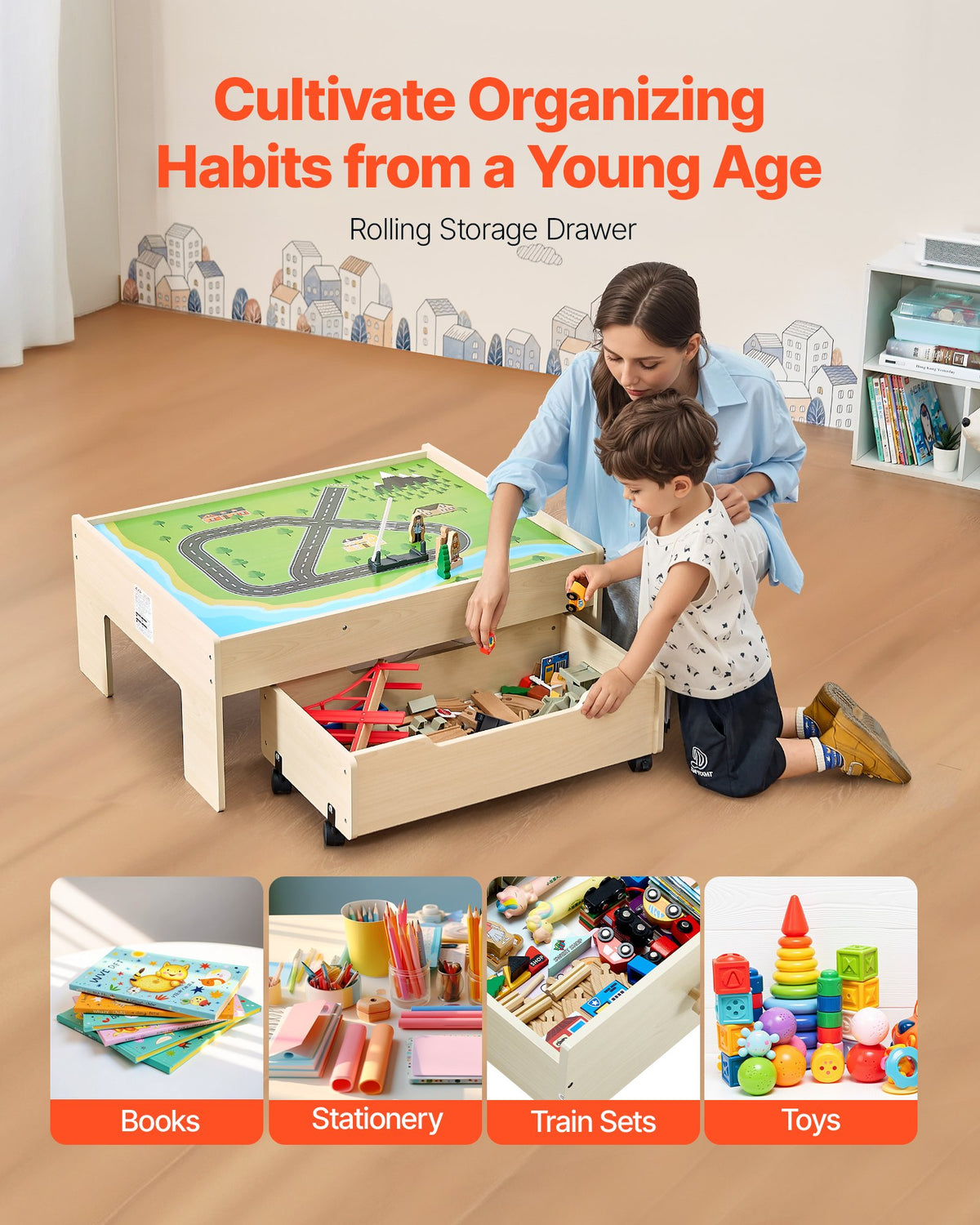 100-Piece Wooden Train Table with Storage Drawer