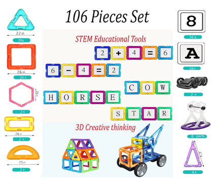 106 PCS Magnetic Tiles Set, STEM Building Block Preschool Educational Construction Kit，3D Magnetic Toys (106 Pieces) Age: 3 and Above