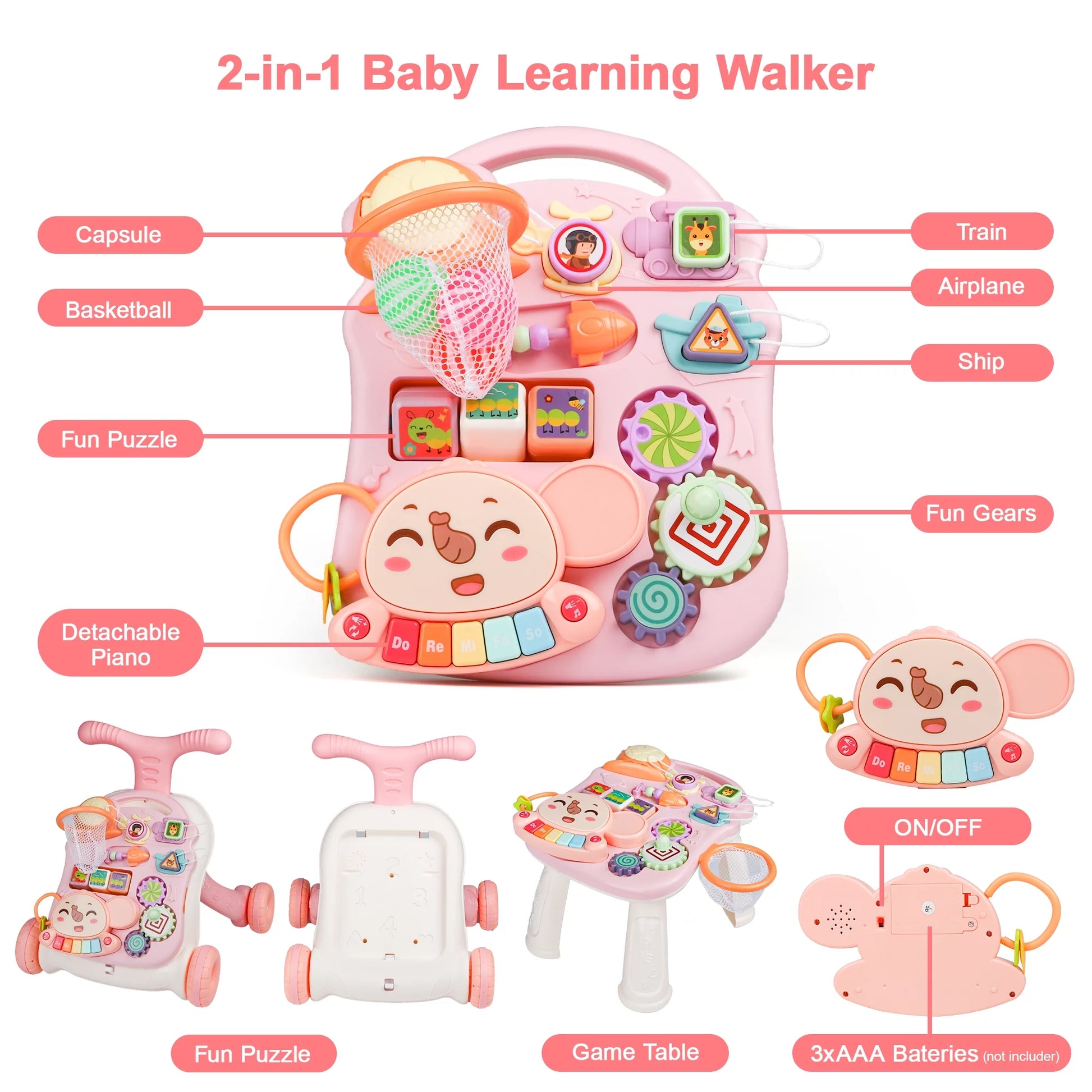 3-In-1 Baby Walker and Learning Table Center, Perfect Learning Toys Christmas Gift for Infants 6-12 Months, Early Development and Playtime for Girls Boys-Pink