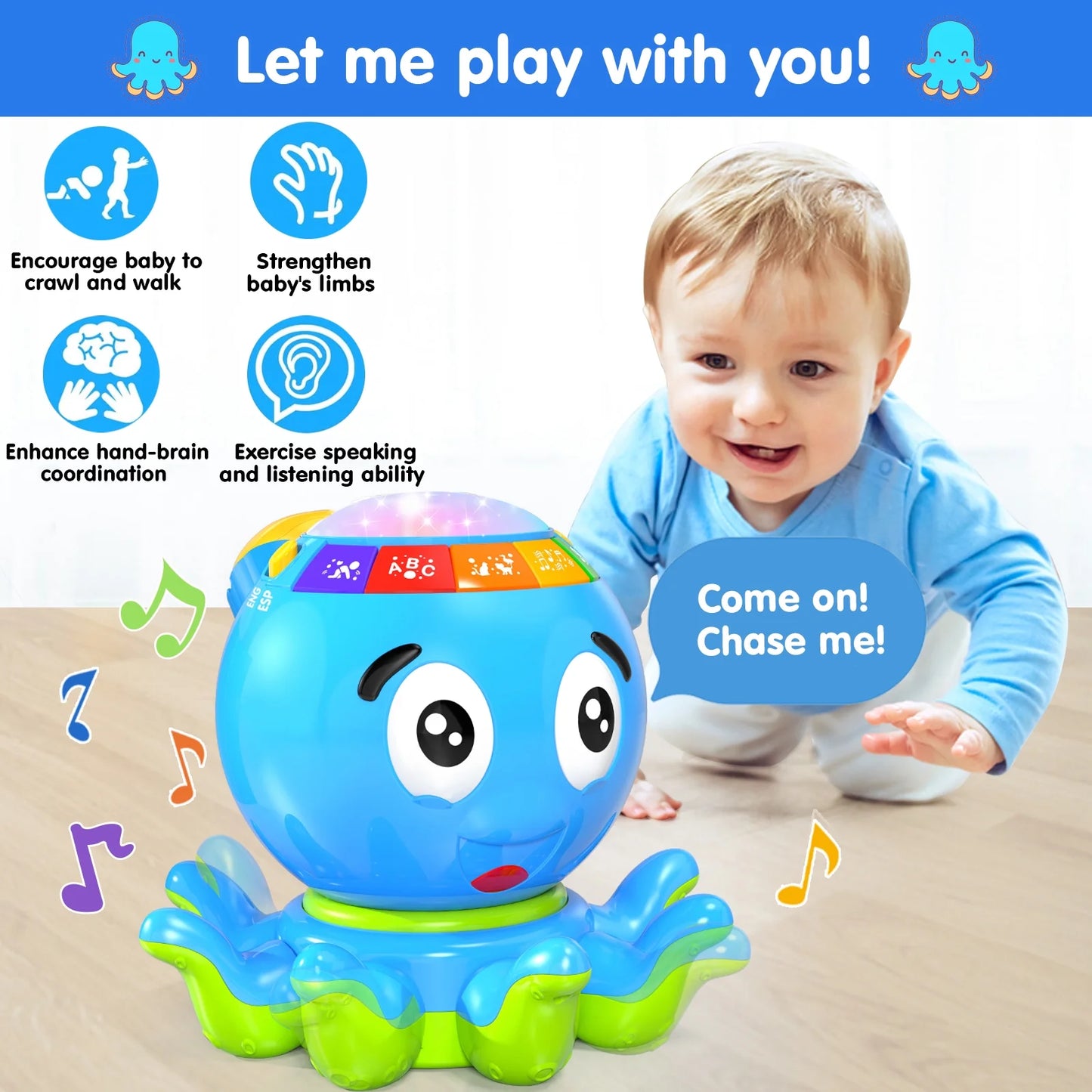 Baby Toys 6 to 12 Months, Musical Octopus Crawling Baby Toys for 12-18 Months, Early Learning Educational Toy with Light & Sound, Birthday Toy for Infant Toddler Boy Girl 7 8 9 10 11 Months