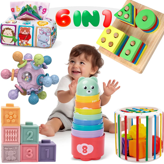 Baby Toys 6-12 Months, 6 in 1 Montessori Toys Soft Baby Teething Toys, Sensory Development Education Toys for Baby 12-18 Months