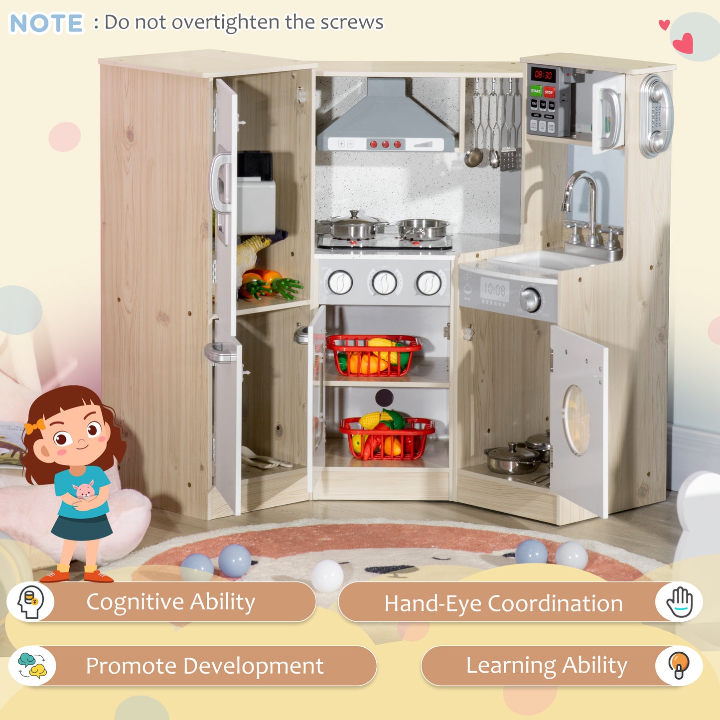 Ultra-Big Corner Kids Kitchen Playset with Sound Effects, Wooden Play Kitchen  with Stainless Steel Cooking Toys, Imaginative Pretend Toy for Ages 3-6 with Phone, Ice Maker