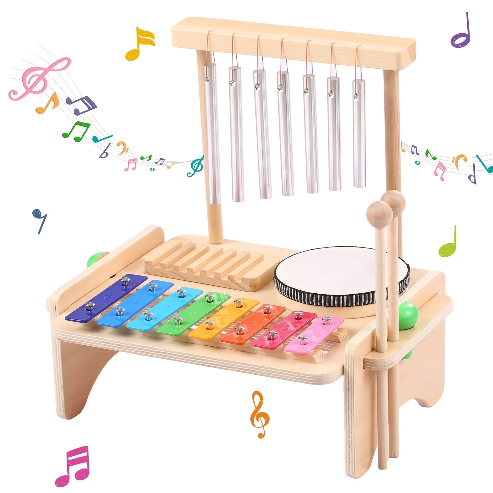 Toddler Drum Set, Montessori Musical Toys for Toddlers, 6 in 1 Wooden Percussion Musical Instruments Toys Birthday Gifts for Kids Boys Girls