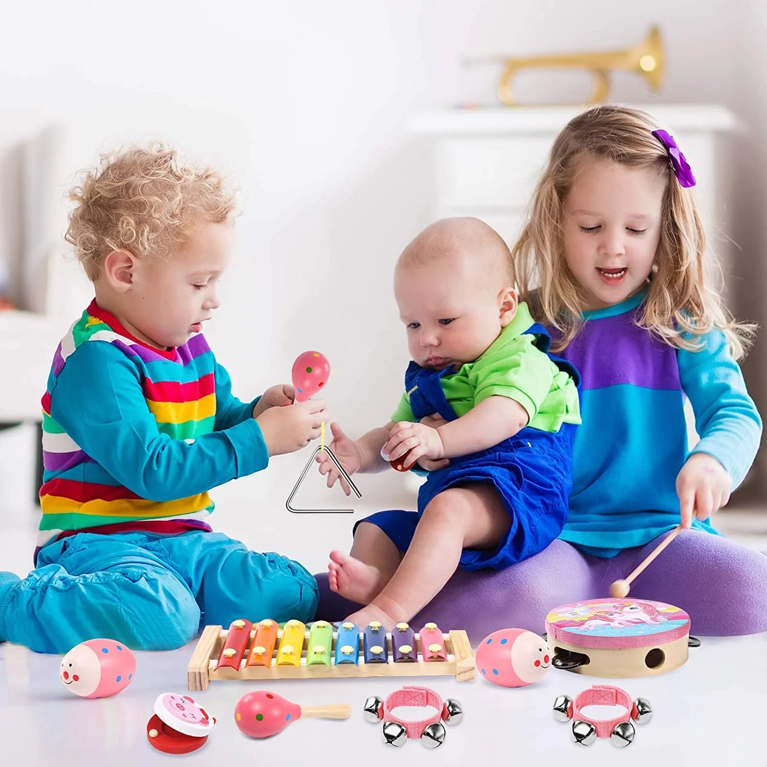 Music Toys & Toddler Learning Toy 16-Piece Wooden Musical Instrument Set for Kids 1-3 Year